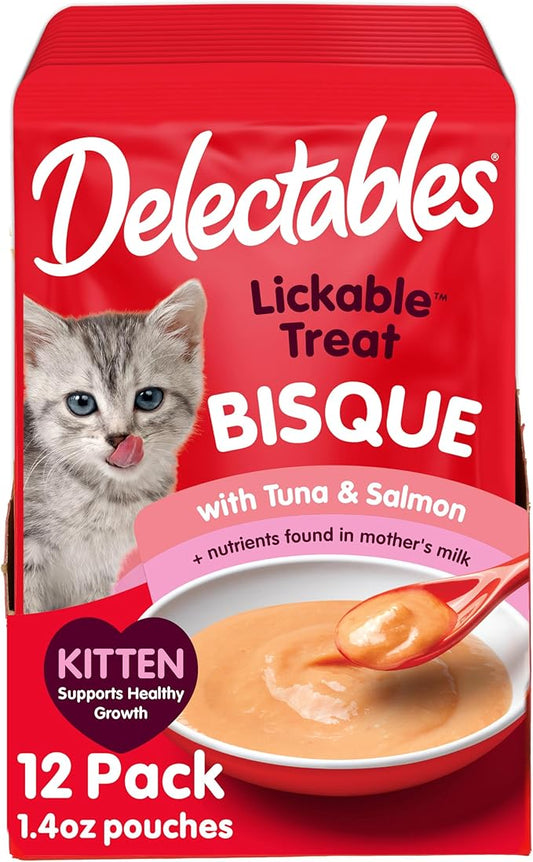 Hartz Delectables Lickable Treat Bisque Kitten Wet Cat Treat with Real Chicken & Veggies, Completed & Balanced, Hydrating, Grain-Free, No Fillers, No Added Preservatives, 1.4oz Pouch, 12ct