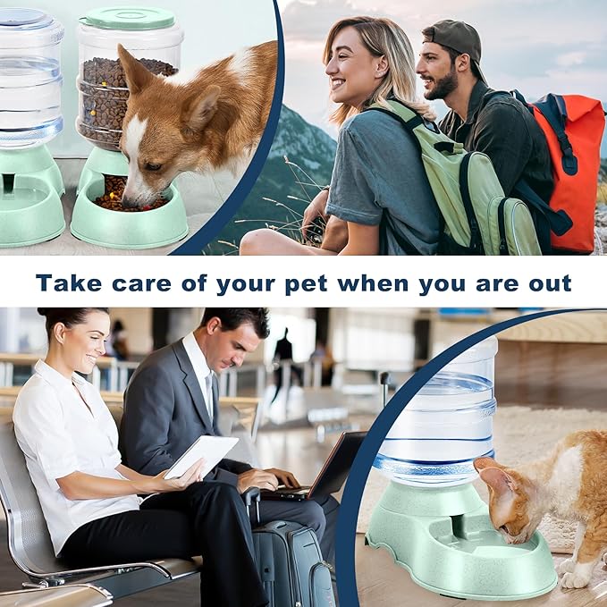 2 Pack Automatic Cat Feeder and Water Dispenser in Set Gravity Food Feeder and Waterer Pet Food Bowl for Small Medium Dog Pets Puppy Kitten Big Capacity 1 Gallon x 2 (2 Pack Green)
