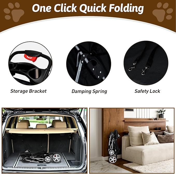 Pet Stroller, 4 Wheels Pet Strolling Cart for Medium/Small Dogs and Cats, Foldable Cat Jogger/Dog Stroller with Cup Holder, Storage Basket, Breathable Mesh, All-Season Pet Carrier, Black