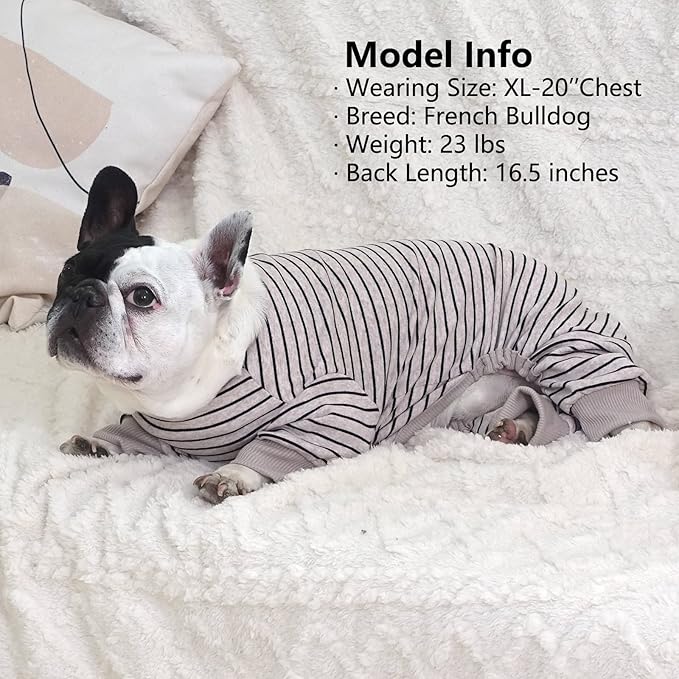 KYEESE Dog Pajamas Soft 4 Legs Doggie Jammies Striped Dog PJS Pet Jumpsuit Comfy Puppy PJS Clothes Breathable Pajamas Stretchable Outfit Cozy Onesie Sleepwear for Summer,Ivory Brown Striped, Small