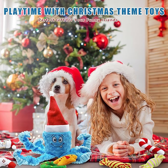 Squeaky Dog Toys, Christmas Octopus Dog Toy with 10 Pcs Small Dog Toy, Interactive Tug of War Dog Plush Toy, Crinkle Dog Toy Plush Dog Toys (Blue)