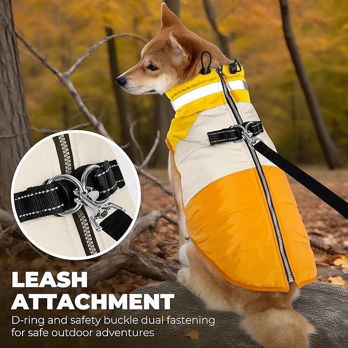 Dog Coat, Waterproof Dog Winter Jacket with Harness Built in, Turtleneck Warm Doggie Cold Weather Coats, Reflective Pet Vest for Indoor & Outdoor, Windproof Dogs Snowsuit, Orange Large