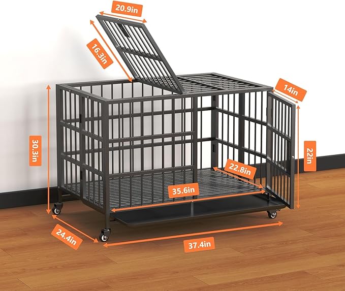 38in Heavy Duty Indestructible Dog Crate with Wheels, Rust-Resistant Folding XL Dog Cage Suitable for Medium to Large Dogs, New Upgrade Single-Handed Latch, Removable Tray, Max Load 400Lbs