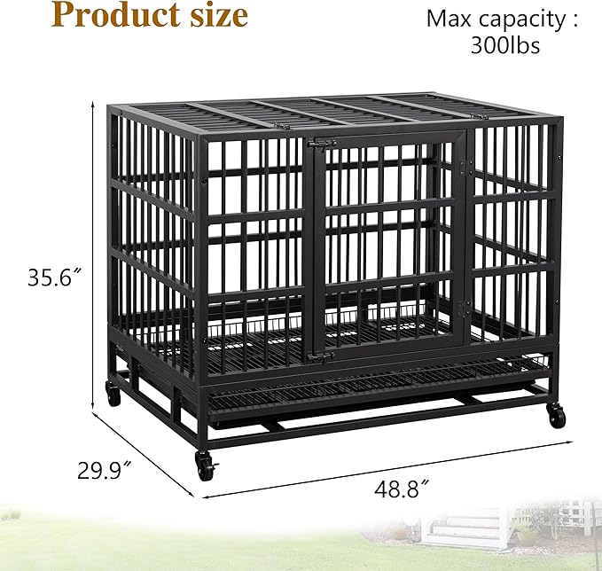 JY QAQA 48/38 Inch Heavy Duty Indestructible Dog Crate Double Doors Escape Proof Cage Kennel,Enhanced Metal Pet Cage,Extra Large XL XXL Crate Indoor for Large Dog with Removable Tray,Lockable Wheels