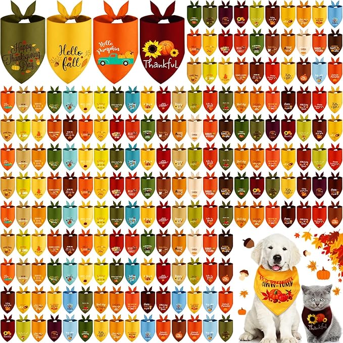 100 Pcs Fall Thanksgiving Dog Bandana Bulk with Sayings Pet Triangle Scarf Bibs Washable Puppy Kerchief Adjustable Grooming Supplies for Small Medium Large Dog Cat Costume Accessories