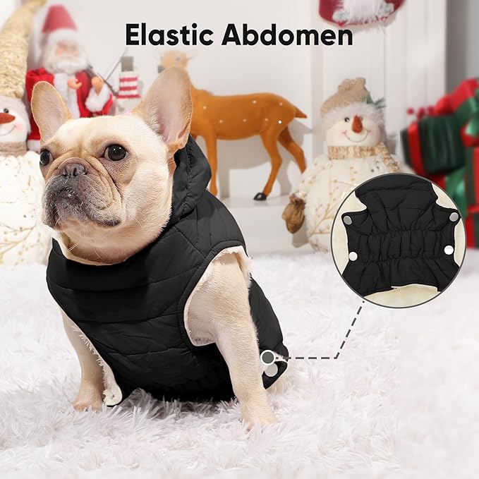 Fleece Lining Dog Hoodie with Harness Built in,Extra Warm Small Dog Jacket in Winter Puppy Coats with Drawstring Hooded,Black S