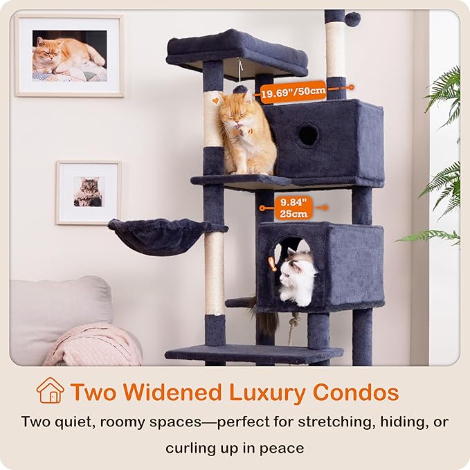 Ouritsu Cat Tree, 73.6 inch Tall Cat Climbing Tower for Large Cat Indoor with 2 Large Condos, 2 Widened Perches, Sisal Covered Scratching Posts, 2 Hammocks, Dark Gray, XLF001DG