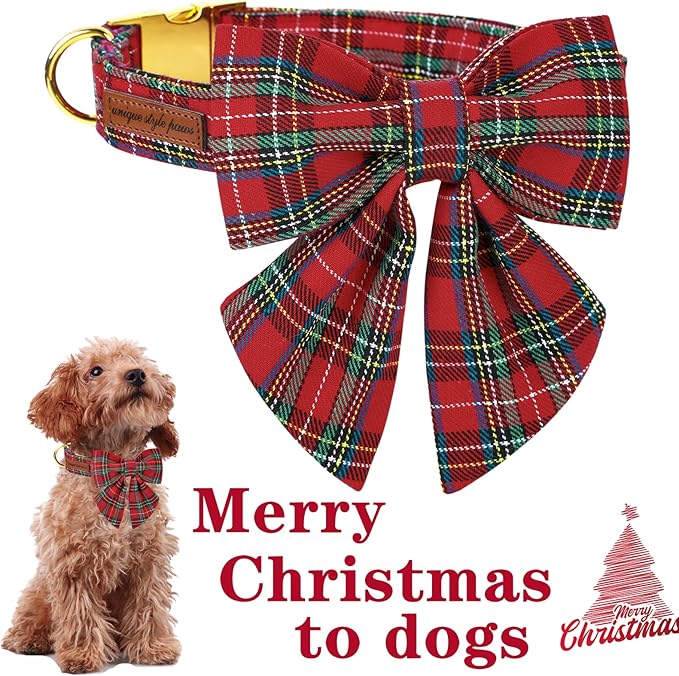 Unique style paws Christmas Dog Collar with Bow Tie Scottish Plaid Puppy Collar for Small Medium Large Dogs as Holiday Autumn Winter Gifts-M