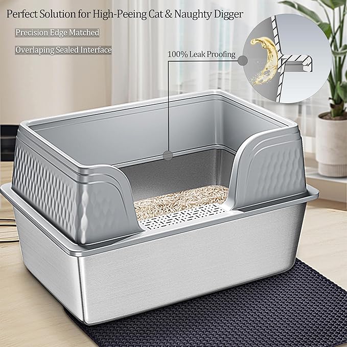 Vealind XL Stainless Steel Cat Litter Box High Sided with Lid 23.7" L x 16" W x 12" H Anti Leakage Extra Large Metal Cat Litter Tray with Scoop and Mat for Big Cats (Grey)