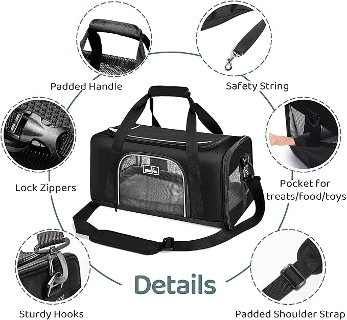 TSA Approved Pet Carrier for Small Medium Cats and Dogs | Dog Carrier with Adequate Ventilation | 4 Mesh Windows, 3 Entrance, Locking Safety Zippers, Padded Shoulder Strap, Black