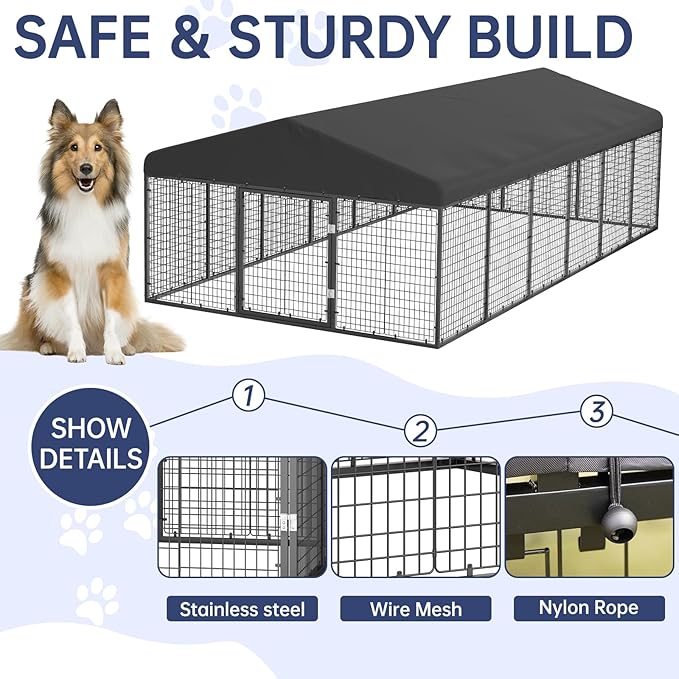 Large Outdoor Dog Enclosure,Heavy Duty Dog Cage with Roof,Galvanized Steel Dog Kennel Fence with Double Safety Locks(19.68'x 9.84')