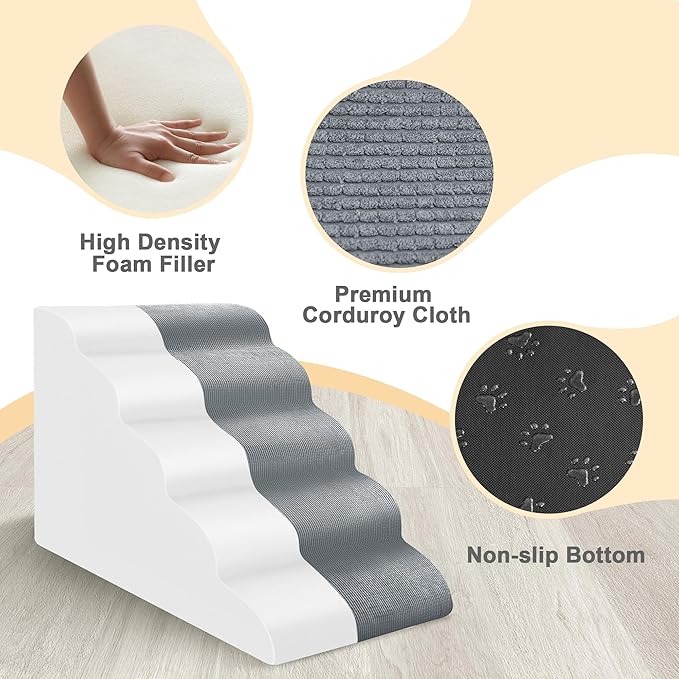 23-Inch Dog Stairs for High Beds, 5-Step Foam Slope Dog Stairs to Beds, Friendly to Old,Joint Injury,Short Leg Pets,Non-Slip Bottom Pet Ramp - Machine Washable,Gift 1 Lint Roller Set