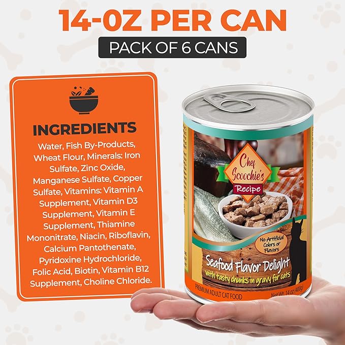 Scoochie Pet Products Chef Scoochie's Tender Seafood Chunks in Gravy Wet Cat Food - Easy Open Pop-Top Cans - Protein & Essential Nutrients - Gourmet Meal for Indoor & Outdoor Cats 12 Cans (14 oz e.)