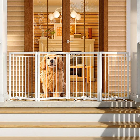4NM Metal No Drilling Expandable Puppy Dog Gate, Wide 72", Tall 24" Small Free Standing Pet Gate, Doggie Gates for Dogs Outdoor or Indoor, with 3PCS Support - White