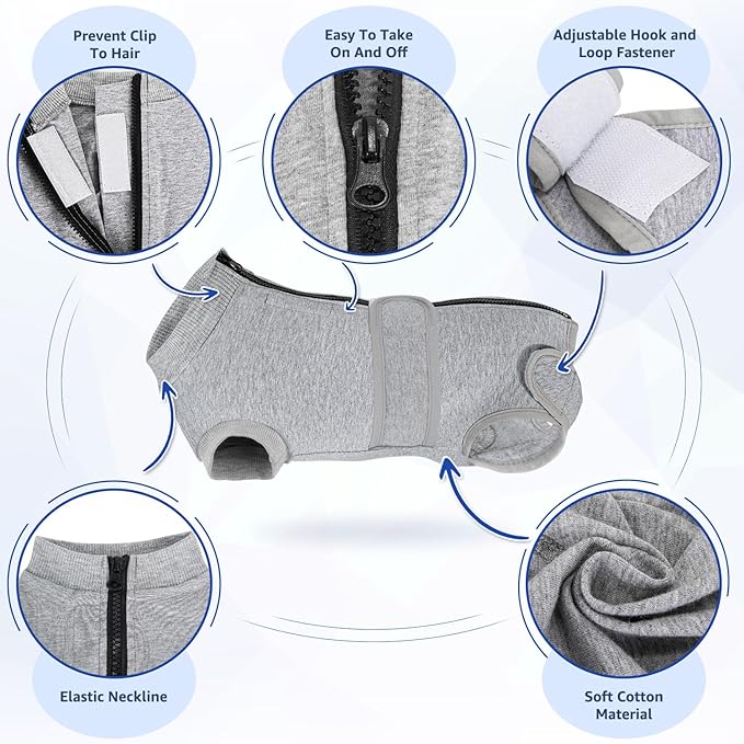 Lukovee Recovery Suit for Dogs - Zipper On Onesie for Female & Male Dogs, Abdominal Wounds Cone E-Collar Alternative, Prevent Licking - Spay Recovery Suit (Grey, XL)