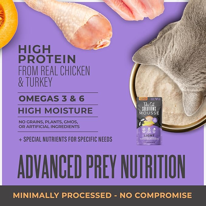 Tiki Cat Solutions Light Mousse, Chicken, Turkey & Pumpkin, Formulated to Support Healthy Trim and Fit, Functional Wet Cat for Adult Cats, 2.4 oz. Pouch (12 Count)