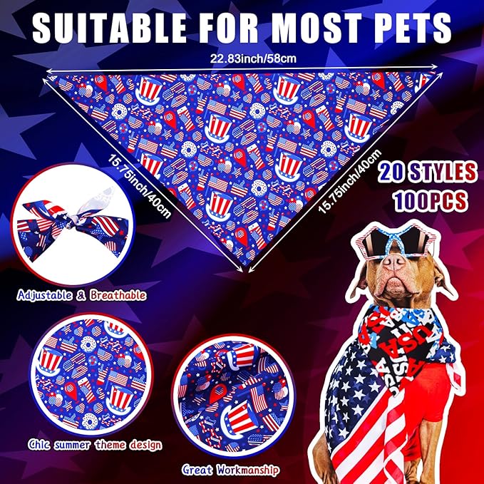 100 Pcs 4th of July Dog Bandanas Bulk Independence Day Dog Bandanas Adjustable Pet Bibs Independence Triangle Scarf 4th of July Holiday Costume for Small Medium Pet Puppy Cat