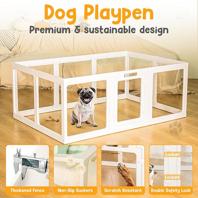 Transparent Indoor Dog Playpen with Safety Lock, Indoor Dog Fence for Small & Medium Pets | Secure, Stylish, Easy Clean Play Pen for Dogs & Pets with Scratch Resistant Panels (White, 10 Panel)