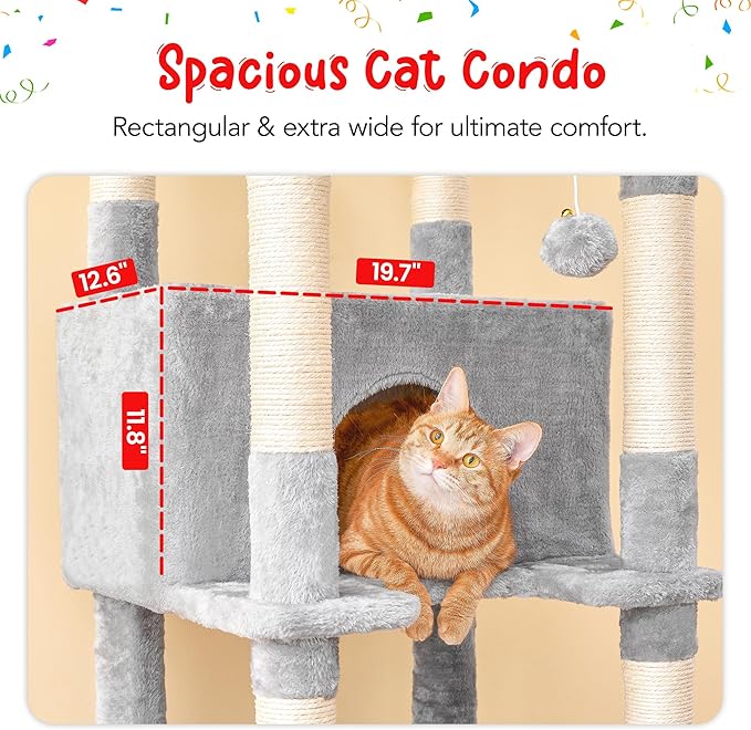 77-Inch Tall Cat Tree for Indoor Cats, Multi-Level Large Cat Tower with 4 Hammocks, 2 Padded Perches, Cat Condo, Sisal Scratching Posts and Hanging Toys for Large Adult Cat, Light Grey