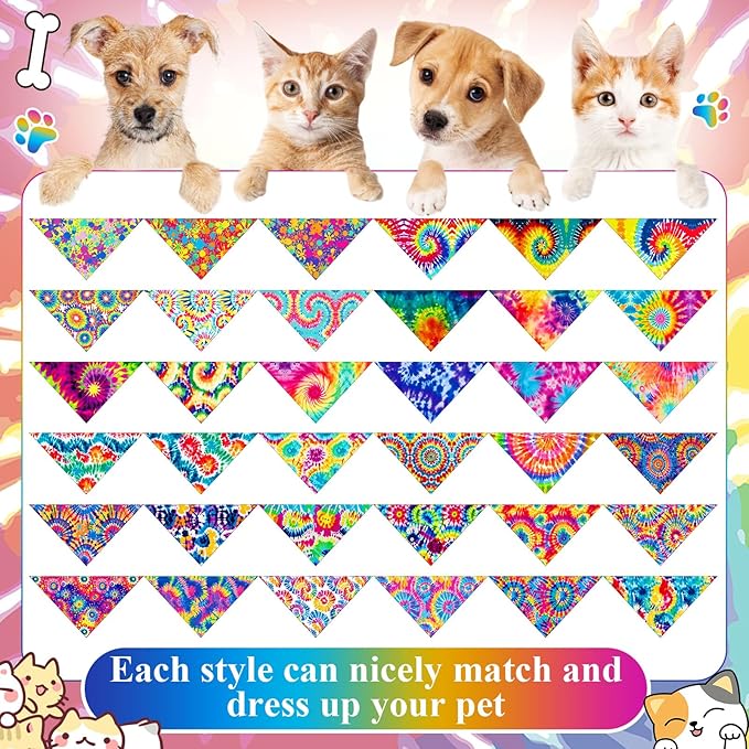 Sanwuta 72 Pcs Dog Bandana Bulk Washable Puppy Triangle Scarfs Cat Bandanas Adjustable Soft Cute Pet Triangle Bibs Accessories for Small Medium Dogs Cats Pets Costume(Tie-dye Pattern)