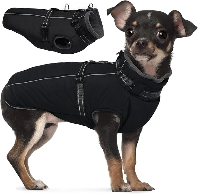 PUMYPOREITY Winter Fleece Coat for Small Dogs, Reflective Dog Jacket with Harness Built in, Waterproof Warm Coat for Dogs, Cold Weather Coats for Outdoor, Therma Windproof Pet Snowsuit, Black,XS