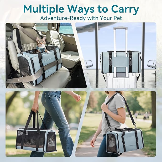 PETSFIT Cat Car Carrier for Small/Medium Cats Dogs, 18"x11"x11" Airline Approved Cat Carrier, with Patent Safety Buckles and Escape-Proof Zipper - Safeguarding Car Travel, Airplane, Vet, Outdoor