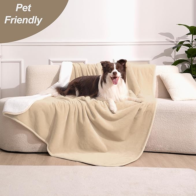 gogobunny Dog Blanket, Waterproof Reversible Sherpa Fleece Throw Blanket, Furniture Cover for Bed, Couch, Sofa Protection from Liquid Pee and Pet Fur of Puppy, Cat (Beige, 30x70 inches)