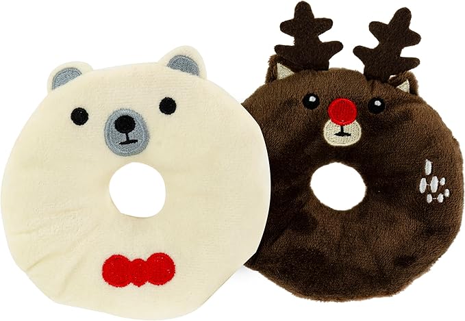Giftable World Holiday Plush Pet Toy Fun for Christmas Designs with Squeaker Dog Chew Toy (4" Polar Bear & Reindeer Donut 2 Pcs)