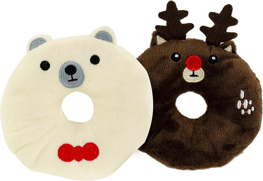 Giftable World Holiday Plush Pet Toy Fun for Christmas Designs with Squeaker Dog Chew Toy (4" Polar Bear & Reindeer Donut 2 Pcs)