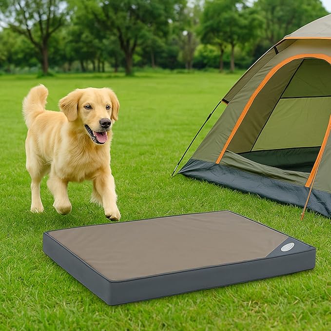 Orthopedic Outdoor Waterproof Dog Beds for Large Dogs, Washable Crate Bed with Egg Crate Foam Pet Bed Mat and Removable Oxford Fabric Cooling Cover Bed,41"x 29",Beige