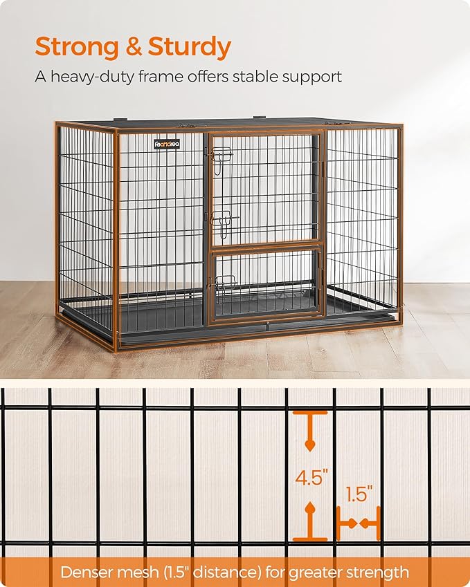 Feandrea 48 Inch Heavy Duty Dog Crate, Metal Escape Proof Dog Kennel with Double Doors and Convenient Feeding Door, Removable Tray, Easy to Clean, XXL Dog Crate for Large and Medium Dogs, Black
