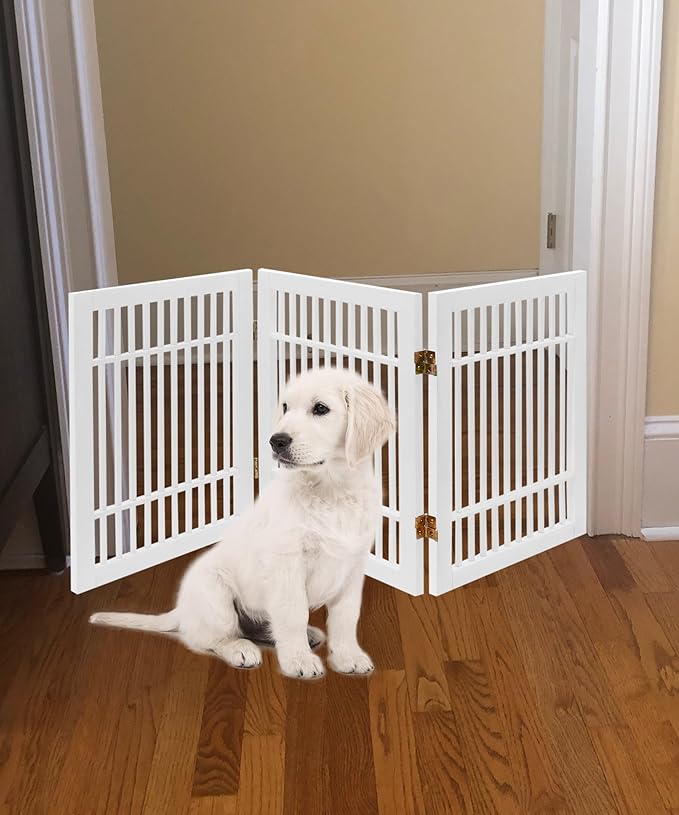 Pet Dog Gate Strong and Durable Freestanding Folding Acacia Hardwood Portable Wooden Fence Indoors or Outdoors by Urnporium (White Pet Gate, 3 Panel 24" Tall)