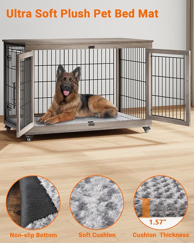 Dog Crate Furniture with Cushion, Wooden Dog Kennel Indoor with Double Doors, Dog Cage with Wheels, Dog House Side End Table for Large Dogs up to 85 lb, 44" L, Grey