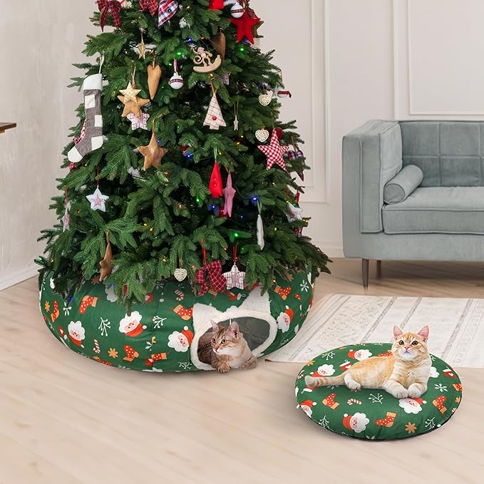 Christmas Cat Tunnel Bed in 3FT x 3FT x 10IN-Cute Cat Tube Christmas Tree Skirt with Ball,Foldable Round Pet Toy with Washable Mat for Keeping Indoor Cats Off Xmas Tree, Green