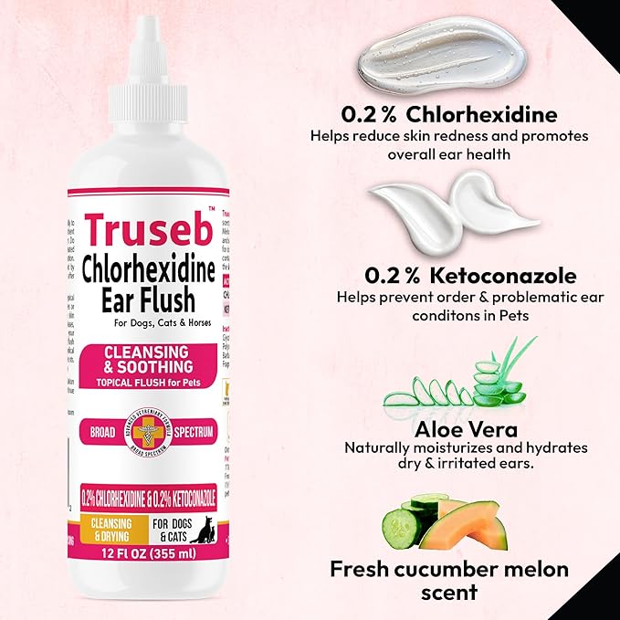 Truseb Advanced Topical Dog Ear Wash with Ketoconazole & Chlorhexidine Ear Flush Dog, Cats and Horses, with Aloe - 12 oz Made in U.S.A (Ketoconazole & Chlorhexidine Ear Flush, 12 oz)