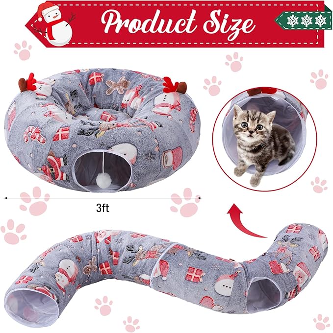 Christmas Cat Tunnel Bed with 8 Cat Toys Fluffy Plush Dog Tunnel Bed with Washable Cushion and Dangling Balls 3FT Multifunctional Playground for Small Medium Large Rabbit(Snowman,Gray)