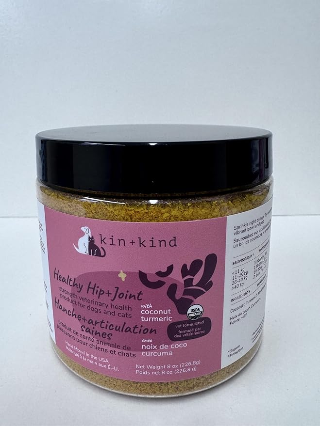 kin+kind Hip+Joint Supplement Dogs & Cats - Vet Formulated Natural Formula with Organic Turmeric, Black Pepper and Coconut- Made in USA - 8 oz (Large)