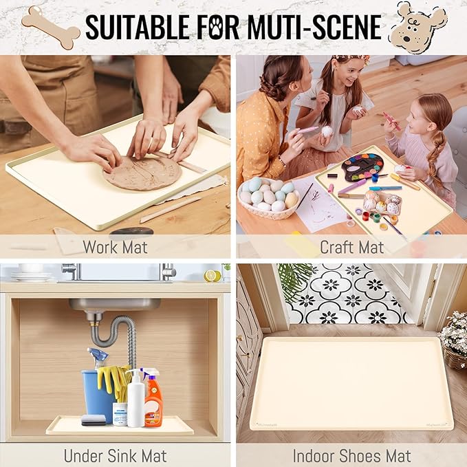 MateeyLife Dog & Cat Food Mat for Floors Waterproof, Nonslip Pets Bowl Mats for Dining and Drinking, Dogs Feeding Mats with Raised Edges, Silicone Cats Matt Tray for Messy Drinkers, 24"x16", Beige