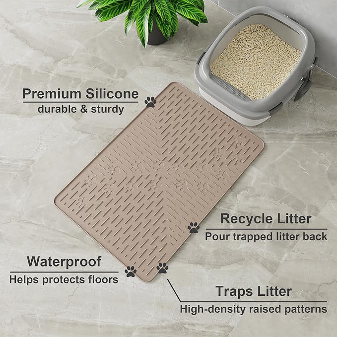 OHMO Cat Litter Mat Trapping Mat Premium Silicone Rubber 23.5x16 Beige, Waterproof and BPA Free Kitty Litter Box Mat, Easy to Clean and Keeps The Floor Tidy