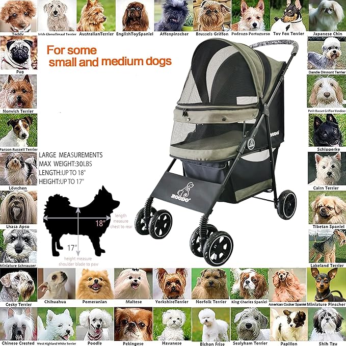 ROODO 4 Wheel Dog Cat Pet Stroller Best Lightweight Foldable Compact Portable Jogger All Terrain Travel Pet Gear Puppy Doggie Bunny Kitty Stroller for up to 30lbs Medium Small Dogs Cats(sage Green)