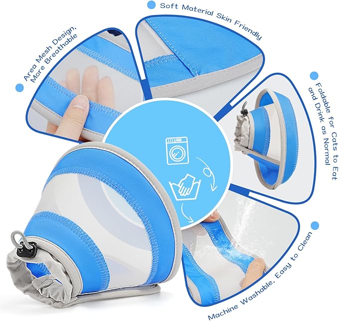 Breathable Air Mesh Cat Cone Collar Soft to Stop Licking, Adjustable, Foldable Lightweight Kitten Cones After Surgery Recovery for Cats & Kittens (Light Blue, S)