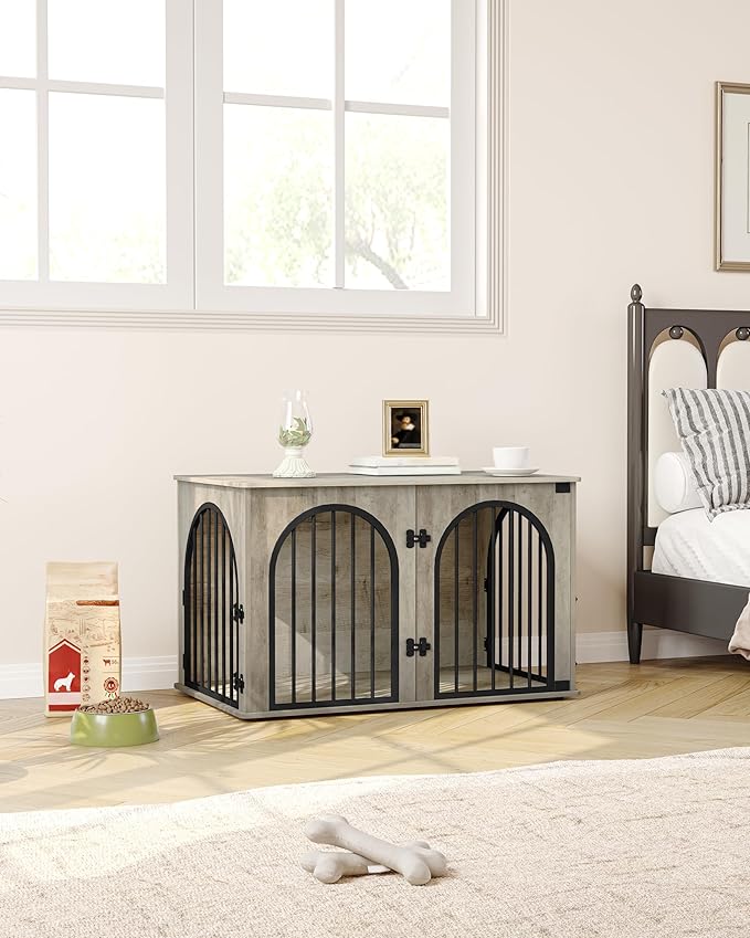 39.4" Wooden Dog Crate Furniture, Indoor Dog Kennel Dogs Cage for Small/Medium/Large Dogs, Heavy Duty Dog Crates Decorative Pet House End Side Table TV Stand, Greige Black DFC84105B
