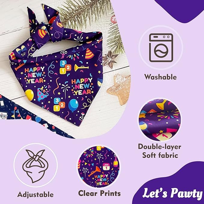 Happy New Year Dog Bandanas - 2 Pack Reversible Holiday Dog Scarf for Boy and Girl, Premium Durable Fabric, Bandana for Large and Extra Large Dogs (X-Large)