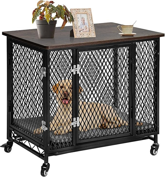 Aivituvin Dog Crate Furniture Movable Side End Table Indoor Dog Kennel for Small Medium Large Dogs Double-Doors Wooden Dog House with Cushion, Tray, Wire Floor(27.2")