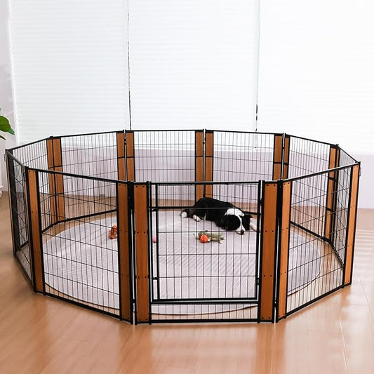 Heavy Duty Dog Playpen 32 Inch Height - Indoor Outdoor Pet Fence Enclosure for Medium and Small Dogs - Foldable Puppy Exercise Pen for Indoor and RV Camping or Yard (10 Panels, 32" H (Oak))