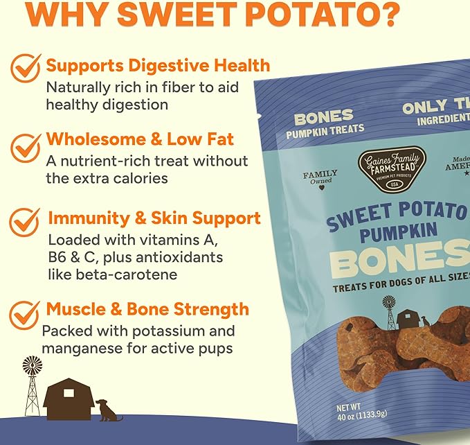 Gaines Family Farmstead Pumpkin & Sweet Potato Dog Bones – 40 oz Bag, Natural, Grain-Free Dog Treats for Digestive Health & Immunity – High-Fiber, Vitamin-Rich Chews, Made in USA