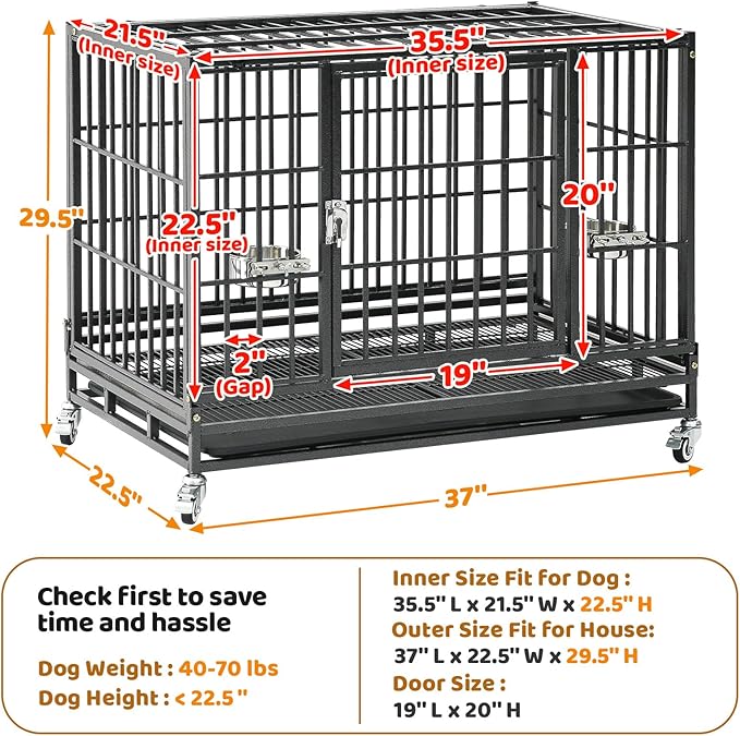 Homey Pet 37 Inch Heavy Duty Dog Crate Indestructible, Collapsible Dog Cage with Lockable Wheels, Removable Tray, High Anxiety Dog Kennel Indoor, Two Tiers Stackable Dog Crates for Medium Dogs