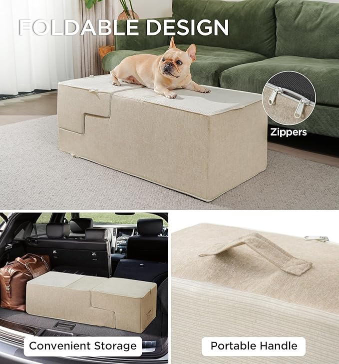 Made4Pets Dog Stairs for High Bed, Extra Wide Pet Stairs for Bed Couch Sofa, 35D Foam Pet Steps for Small Dogs and Cats(Up to 40lbs), Non-Slip Bottom Dog Steps, Beige, 5 Steps