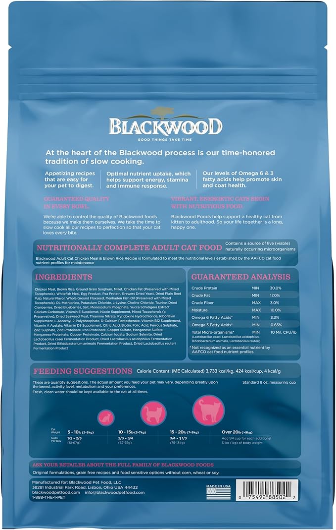 Blackwood Dry Cat Food, Adult Formula, Chicken Meal & Brown Rice Recipe, 4 Pound Bag, High Protein, Slow Cooked