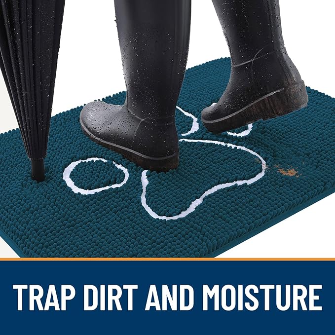 OLANLY Dog Door Mat for Muddy Paws 48x30, Paw Print Design, Absorbs Moisture and Dirt, Absorbent Non-Slip Washable Doormat, Quick Dry Chenille Mud Mat, Entry Indoor Entryway Carpet, Atlantic Blue